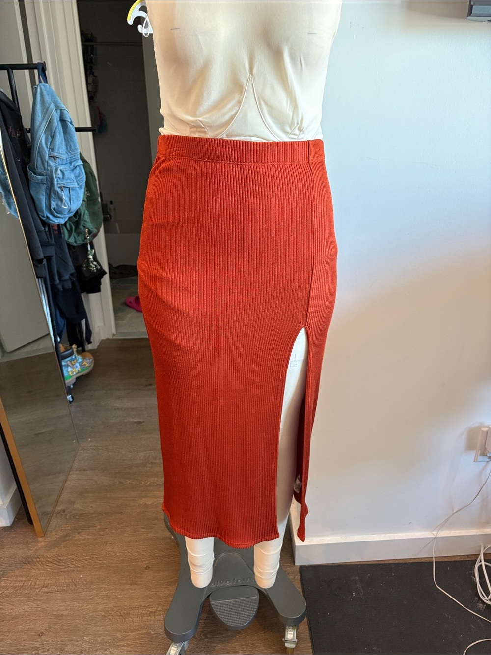 Free People Ribbed Midi Skirt in Rust with Side Slit